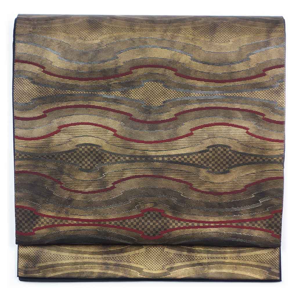 袋帯 リサイクル帯 幅31cm 長さ437cm レディース 連続模様 秋冬春用 正絹（シルク）ゴールド 美品 リメイク リユース【ランクA】