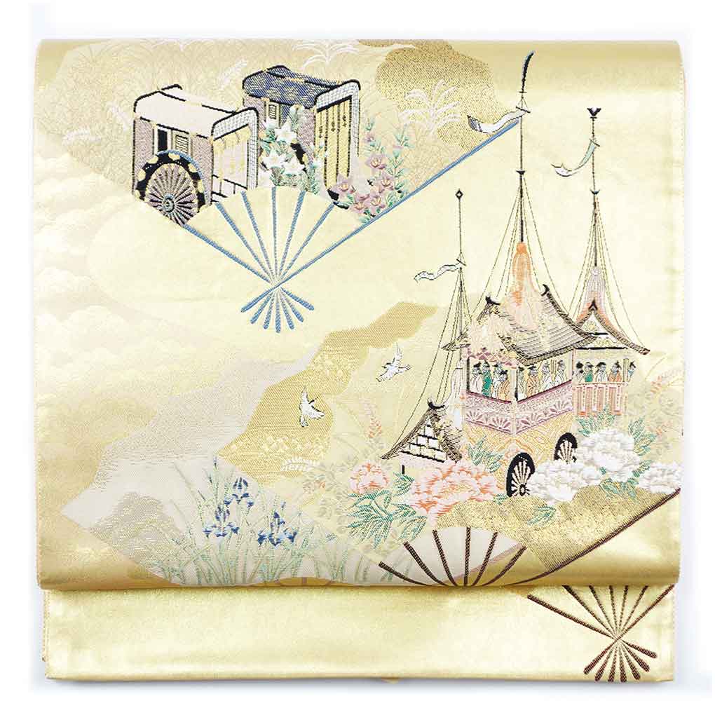 袋帯 リサイクル帯 幅31cm 長さ434cm レディース 祇園祭 秋冬春用 正絹（シルク）ゴールド 未使用品 リメイク リユース【ランクS】
