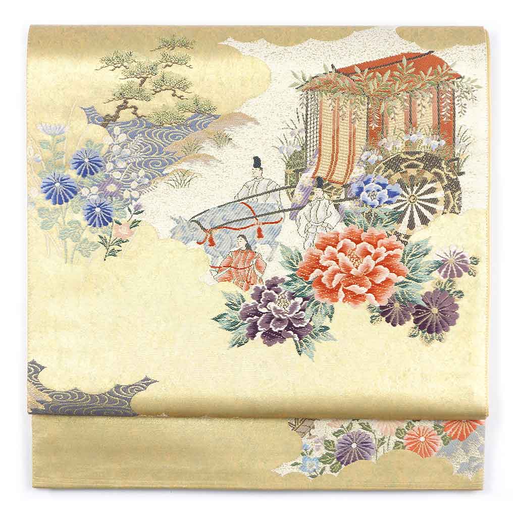 袋帯 リサイクル帯 幅31cm 長さ438cm レディース 御所車 秋冬春用 正絹（シルク）ゴールド 美品 リメイク リユース【ランクA】