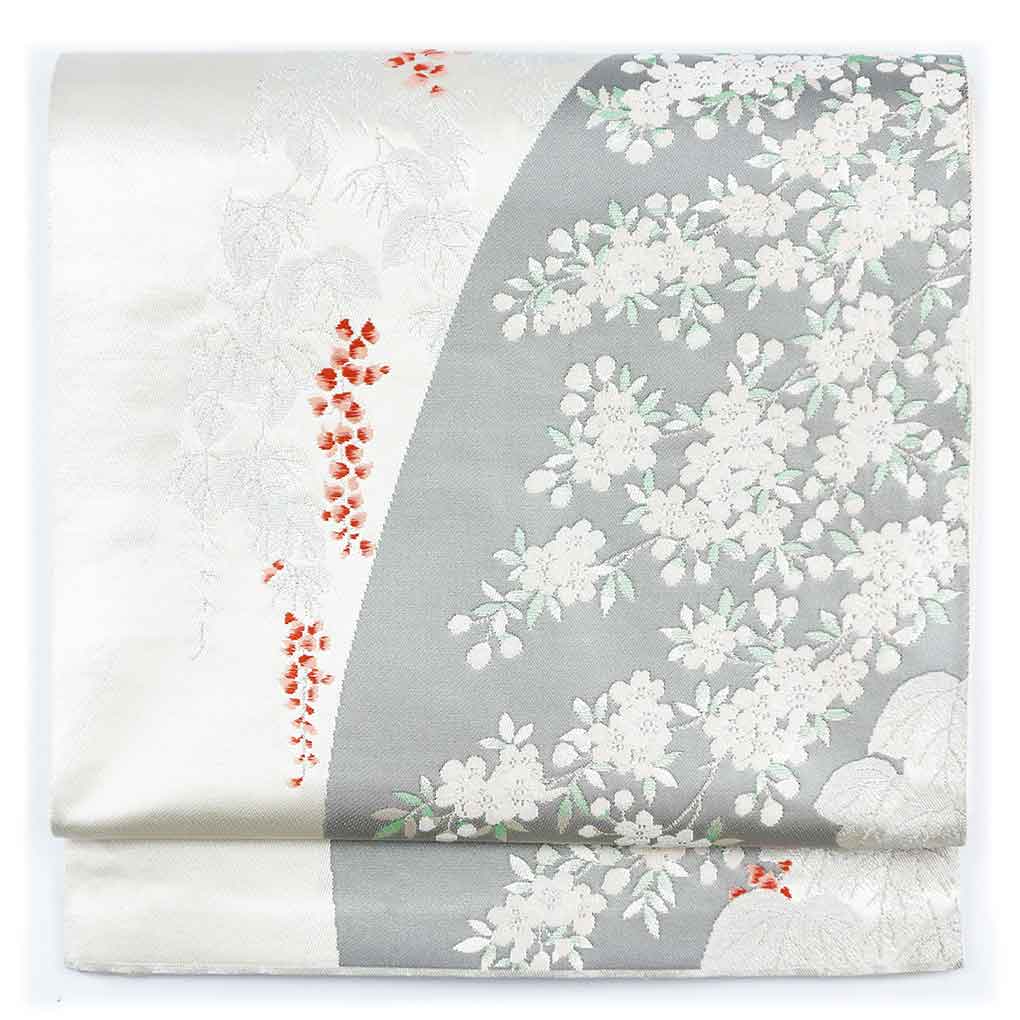 袋帯 リサイクル帯 幅31cm 長さ435cm レディース 桜 秋冬春用 正絹（シルク）シルバー 美品 リメイク リユース【ランクA】