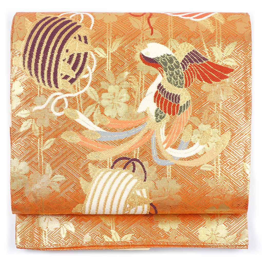 袋帯 リサイクル帯 幅31cm 長さ450cm レディース 鳳凰 秋冬春用 正絹（シルク）オレンジ 美品 リメイク リユース【ランクA】