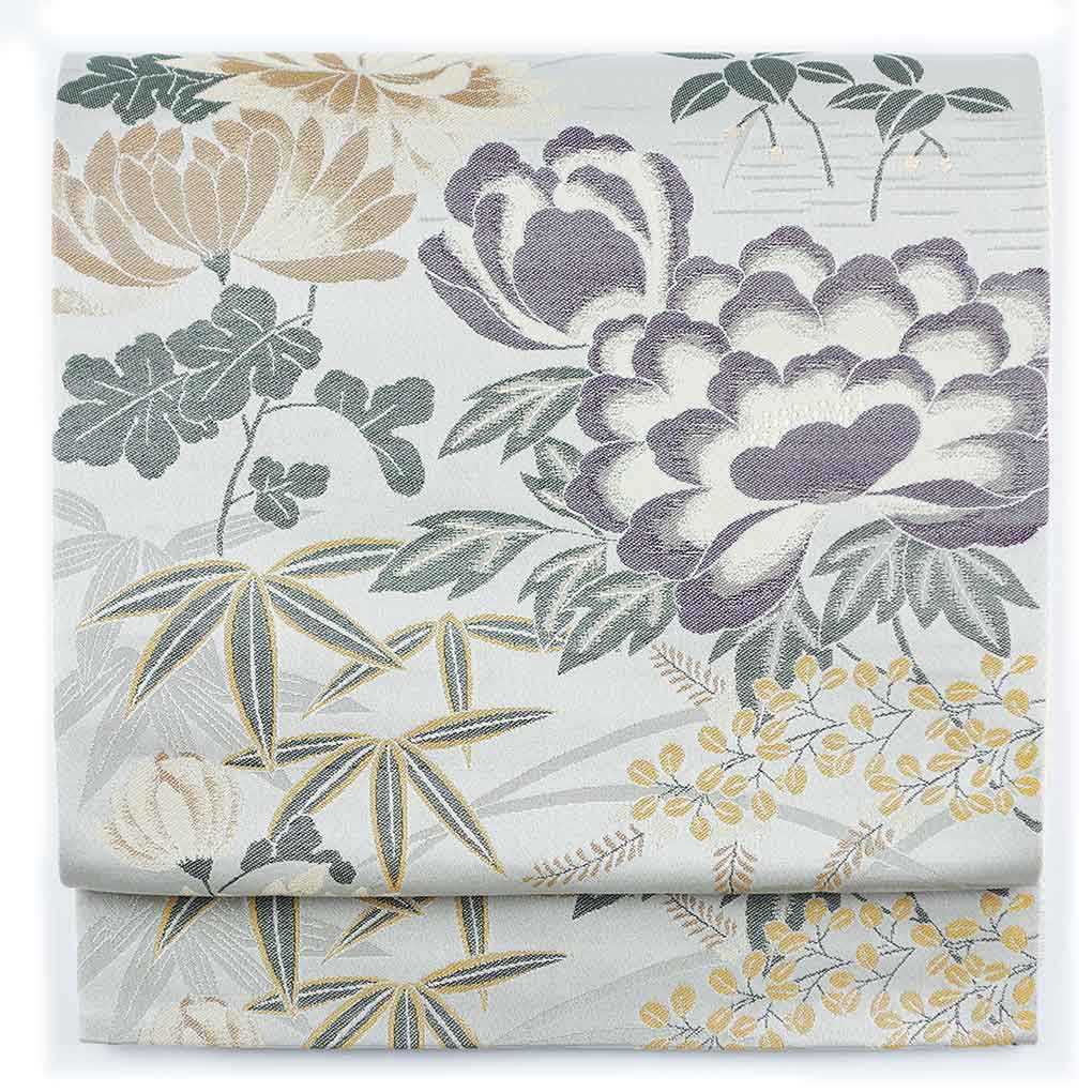 袋帯 リサイクル帯 幅31cm 長さ440cm レディース 花柄 秋冬春用 正絹（シルク）グレー 美品 リメイク リユース【ランクA】