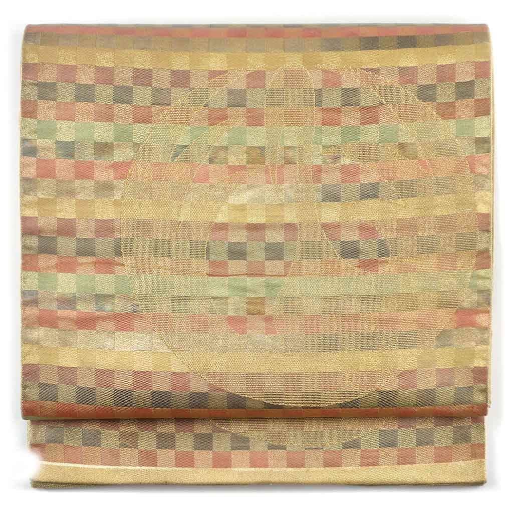 袋帯 リサイクル帯 幅30cm 長さ432cm レディース 市松 秋冬春用 正絹（シルク）ゴールド やや難 リメイク リユース【ランクB】