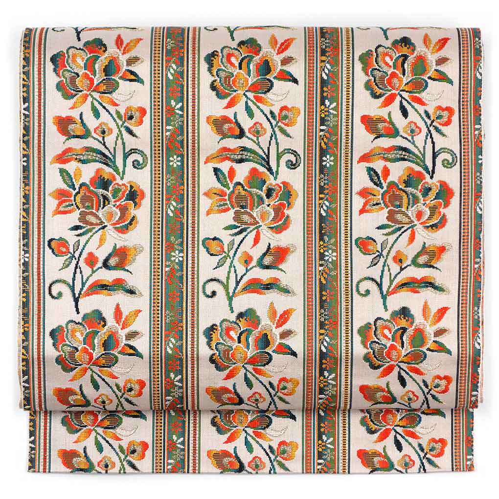 名古屋帯 リサイクル帯 幅31cm 長さ343cm レディース 花柄 秋冬春用 正絹（シルク）ブラウン 美品 リメイク リユース【ランクA】