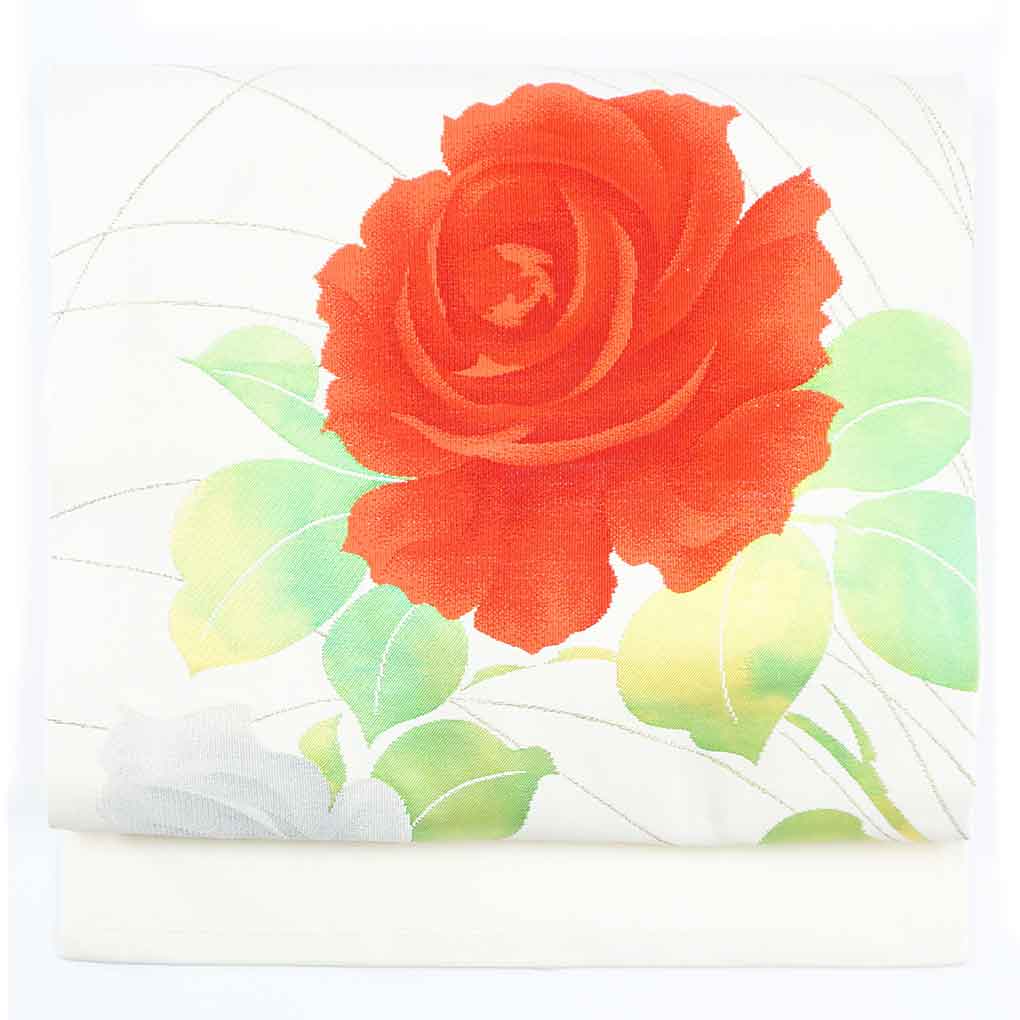 名古屋帯 リサイクル帯 幅30cm 長さ353cm レディース 薔薇柄 秋冬春用 正絹（シルク）ホワイト 美品 リメイク リユース【ランクA】