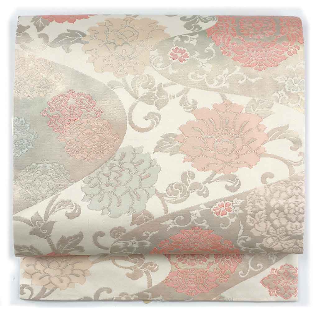 名古屋帯 リサイクル帯 幅30cm 長さ345cm レディース 花柄 秋冬春用 正絹（シルク）ホワイト 美品 リメイク リユース【ランクA】