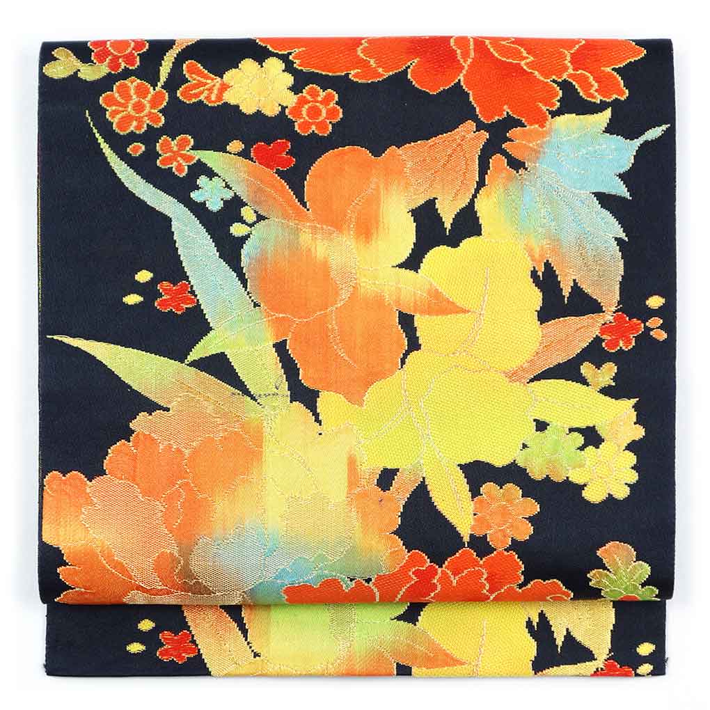 名古屋帯 リサイクル帯 幅30cm 長さ325cm レディース 花柄 秋冬春用 正絹（シルク）ブラック 美品 リメイク リユース【ランクA】