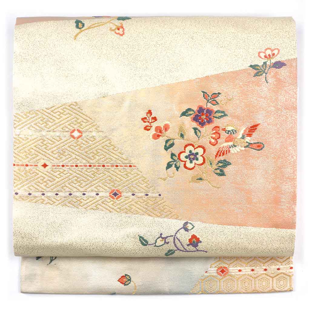 名古屋帯 リサイクル帯 幅30cm 長さ356cm レディース 花柄 秋冬春用 正絹（シルク）ベージュ やや難 リメイク リユース【ランクB】