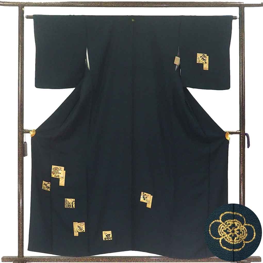 付下 リサイクル着物 身丈159cm 裄65cm 前幅24cm 後幅29cm 袖丈49cm 袖幅32.5cm レディース 袷 金彩 裄Mサイズ 秋冬春用 正絹（シルク）グリーン 美品 リメイク リユース【ランクA】