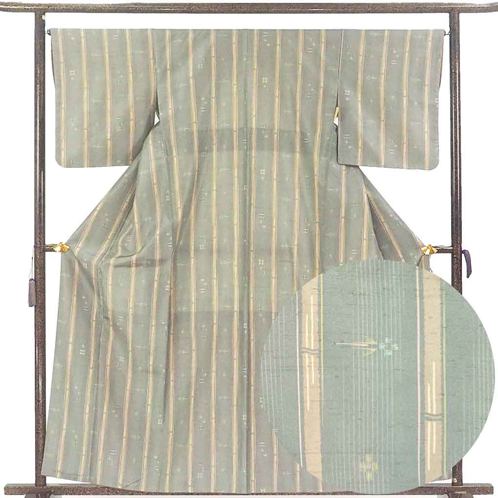紬 リサイクル着物 身丈160cm 裄66cm 前幅24.5cm 後幅30cm 袖丈49cm 袖幅34cm レディース 袷 竹柄 裄長 裄M-Lサイズ 秋冬春用 正絹（シルク）グリーン 美品 リメイク リユース【ランクA】
