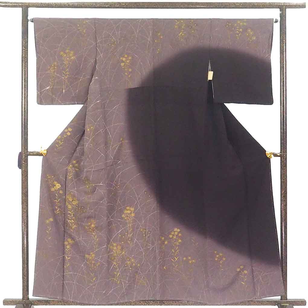 訪問着 リサイクル着物 身丈159cm 裄65cm 前幅25cm 後幅30.5cm 袖丈49cm 袖幅33cm レディース 袷 花柄 裄Mサイズ 秋冬春用 正絹（シルク）パープル 未使用品 リメイク リユース【ランクS】