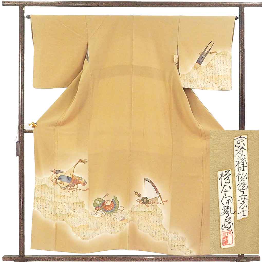 訪問着 リサイクル着物 身丈156cm 裄65cm 前幅23cm 後幅28cm 袖丈49cm 袖幅34cm レディース 袷 琵琶 裄Mサイズ 秋冬春用 正絹（シルク）ブラウン 美品 樽本伊勢蔵 リメイク リユース【ランクA】