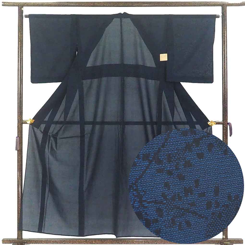 紬 リサイクル着物 身丈157cm 裄65cm 前幅28cm 後幅32cm 袖丈49cm 袖幅32cm レディース 流水 裄Mサイズ 夏用 正絹（シルク）ネイビー 未使用品 リメイク リユース【ランクS】