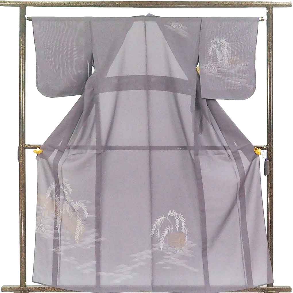 訪問着 リサイクル着物 身丈162cm 裄64cm 前幅25cm 後幅30cm 袖丈48cm 袖幅32cm レディース 柳 裄Mサイズ 夏用 正絹（シルク）グレー 未使用品 リメイク リユース【ランクS】