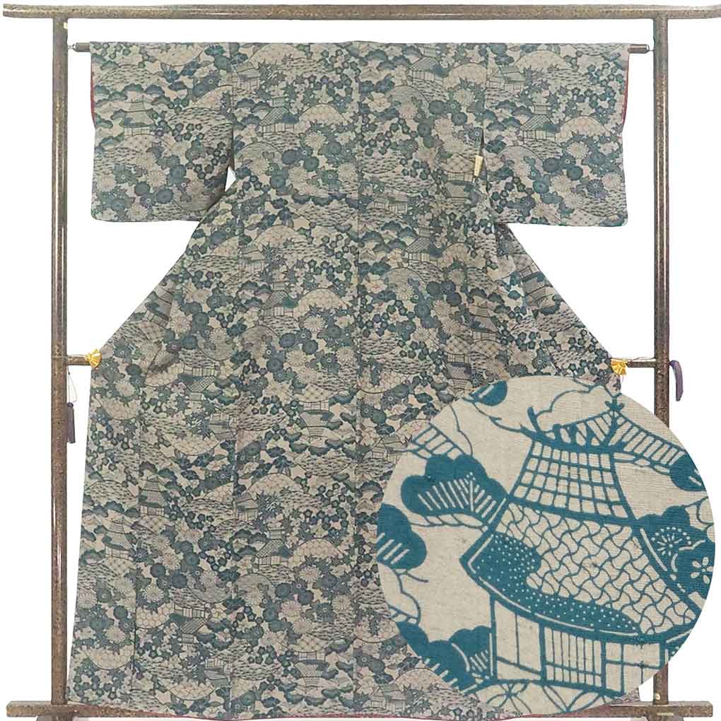 小紋 リサイクル着物 身丈162cm 裄62cm 前幅23cm 後幅29cm 袖丈45cm 袖幅32.5cm レディース 袷 花柄 裄Sサイズ 秋冬春用 正絹（シルク）グレー 美品 リメイク リユース【ランクA】