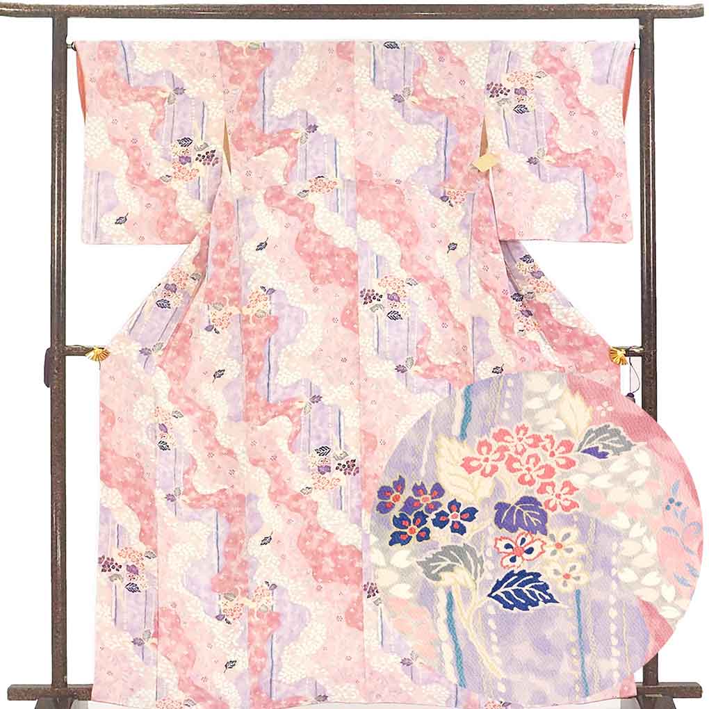 小紋 リサイクル着物 身丈164cm 裄66cm 前幅23cm 後幅28cm 袖丈50cm 袖幅33cm レディース 袷 花柄 裄長 裄M-Lサイズ 秋冬春用 正絹（シルク）ピンク トールサイズ 未使用品 リメイク リユース【ランクS】