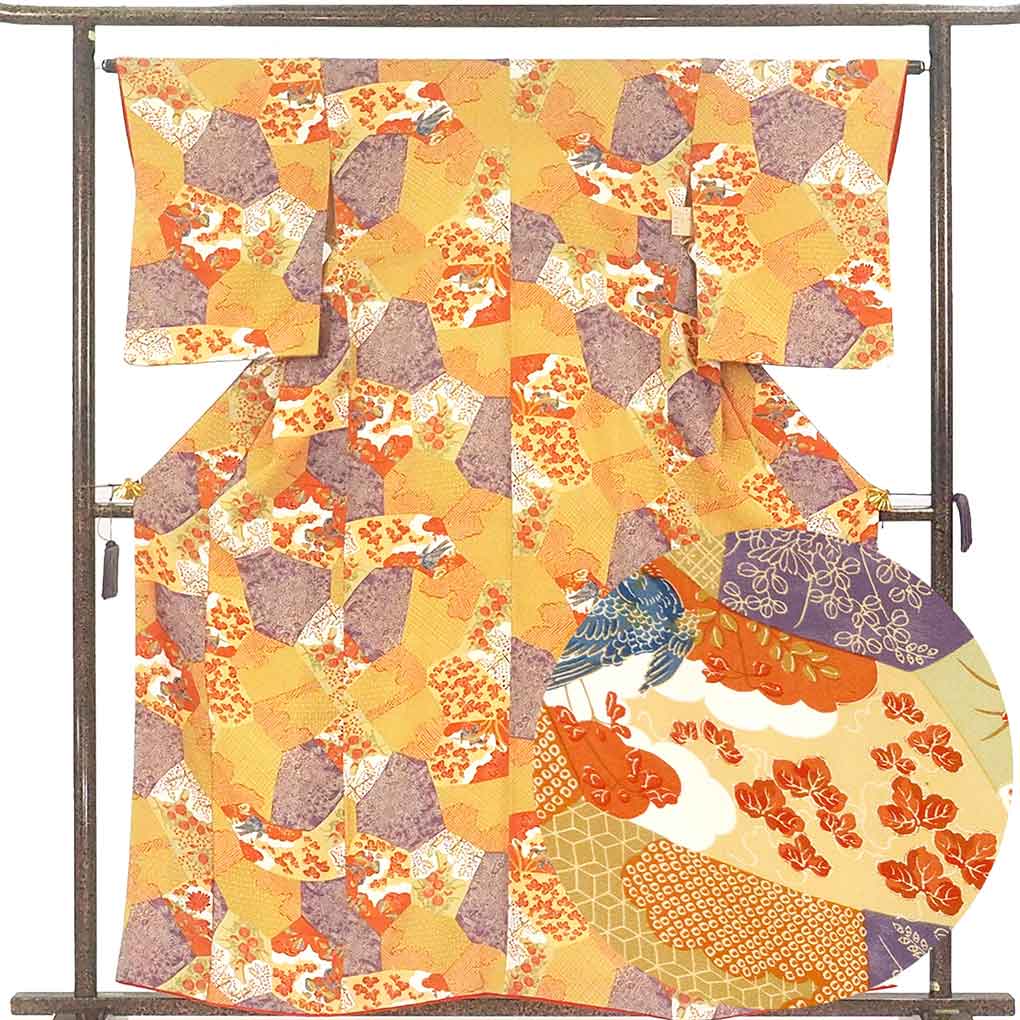 小紋 リサイクル着物 身丈161cm 裄65cm 前幅23cm 後幅29cm 袖丈52cm 袖幅33cm レディース 袷 花柄 裄Mサイズ 秋冬春用 正絹（シルク）ブラウン 美品 リメイク リユース【ランクA】