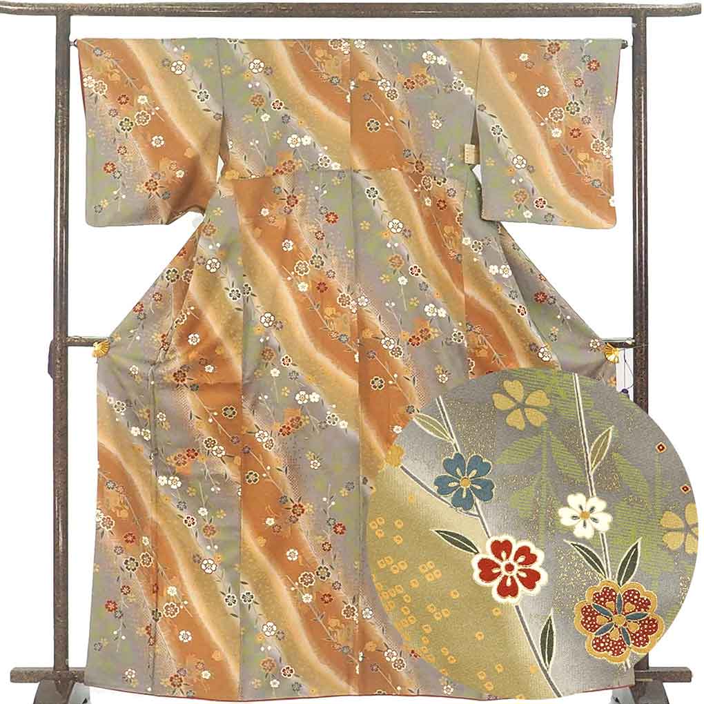 小紋 リサイクル着物 身丈167cm 裄65cm 前幅22.5cm 後幅30cm 袖丈48cm 袖幅33cm レディース 袷 花柄 裄Mサイズ 秋冬春用 正絹（シルク）ブラウン トールサイズ 美品 リメイク リユース【ランクA】