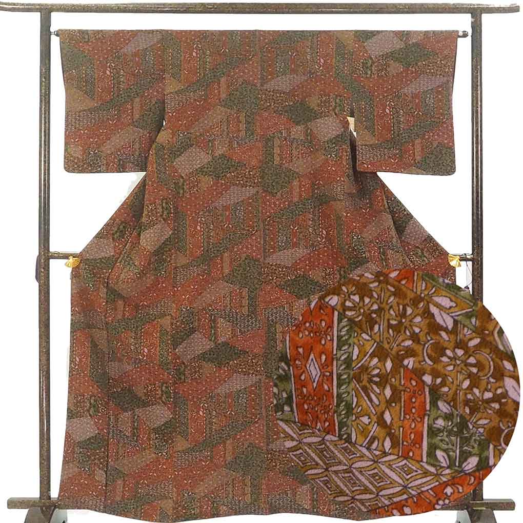 小紋 リサイクル着物 身丈165cm 裄64cm 前幅22.5cm 後幅30cm 袖丈49cm 袖幅33cm レディース 袷 連続模様 裄Mサイズ 秋冬春用 正絹（シルク）ブラウン トールサイズ 美品 リメイク リユース【ランクA】