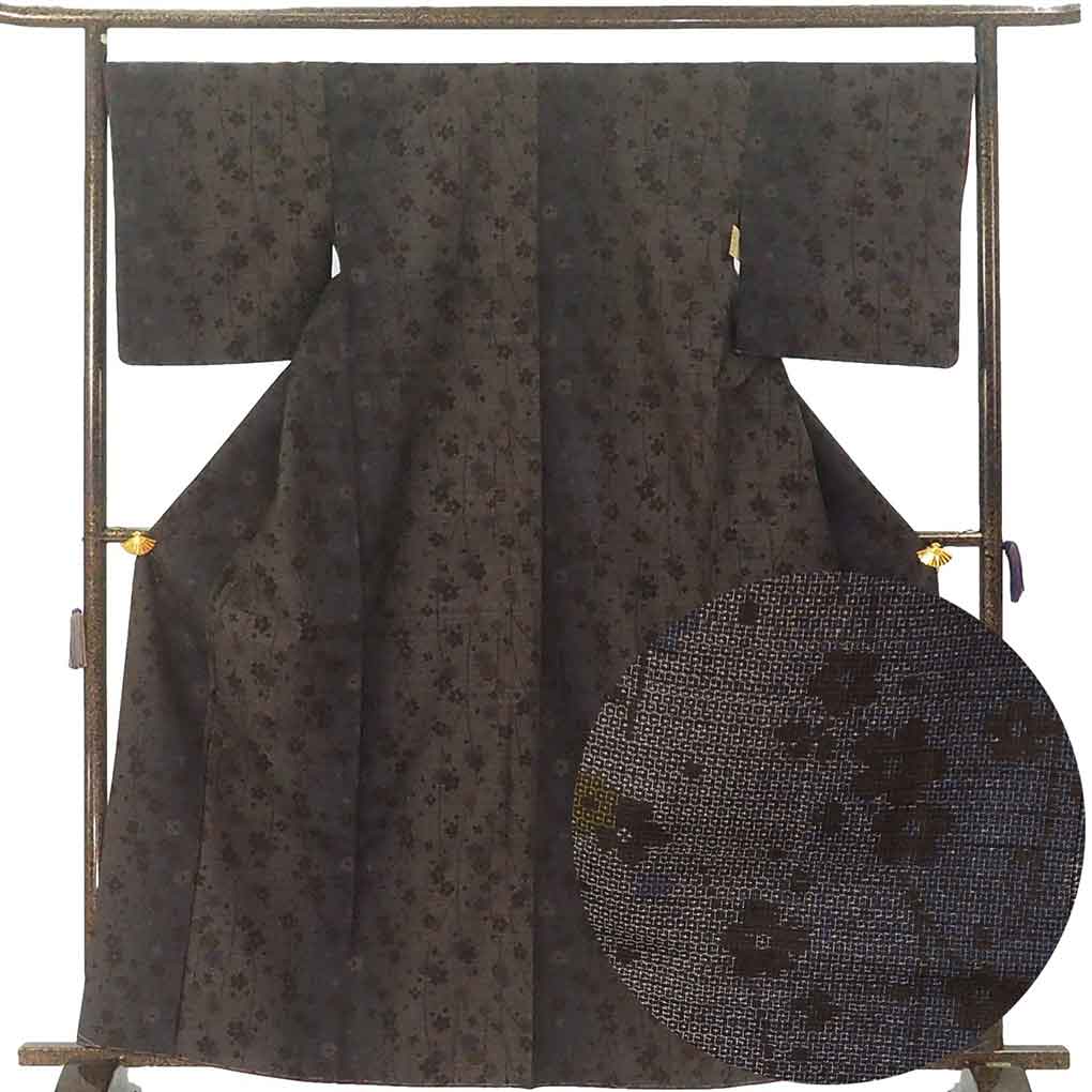 紬 リサイクル着物 身丈164cm 裄68cm 前幅26cm 後幅31cm 袖丈49cm 袖幅34cm レディース 袷 梅柄 裄長 裄Lサイズ 秋冬春用 正絹（シルク）ブラウン トールサイズ 未使用品 リメイク リユース【ランクS】
