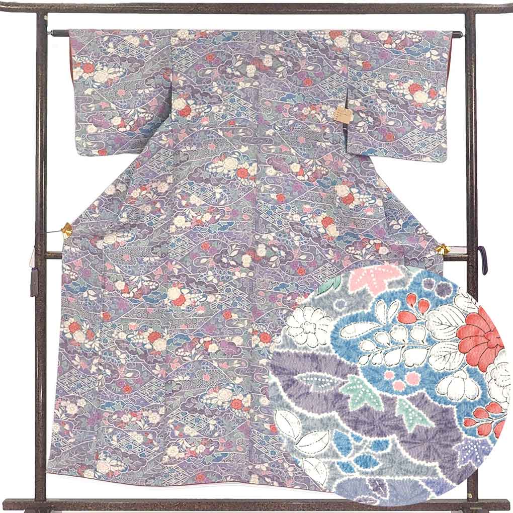 小紋 リサイクル着物 身丈155cm 裄62cm 前幅23cm 後幅28.5cm 袖丈45cm 袖幅32cm レディース 袷 辻ヶ花 裄Sサイズ 秋冬春用 正絹（シルク）ブルー 未使用品 リメイク リユース【ランクS】