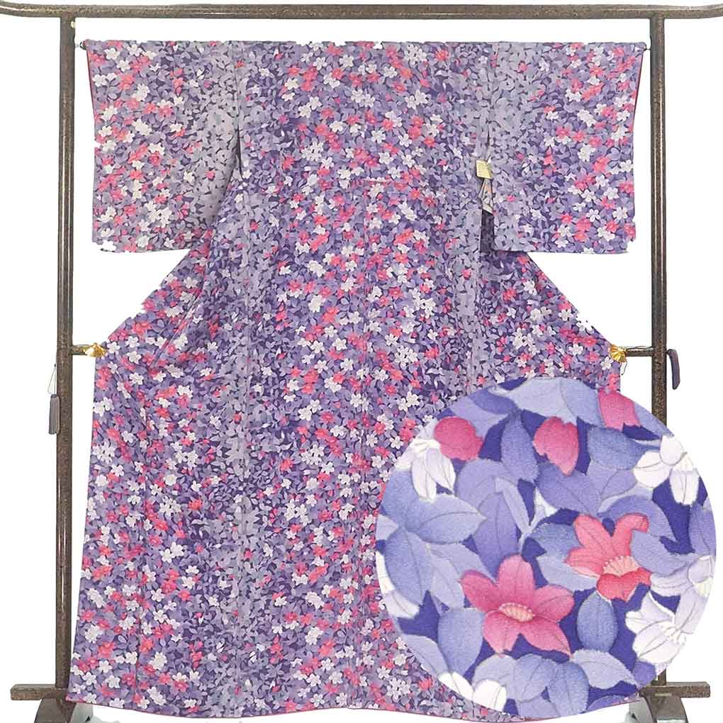 小紋 リサイクル着物 身丈165cm 裄66cm 前幅24.5cm 後幅30cm 袖丈52cm 袖幅34cm レディース 袷 花柄 裄長 裄M-Lサイズ 秋冬春用 正絹（シルク）パープル トールサイズ 未使用品 リメイク リユース【ランクS】