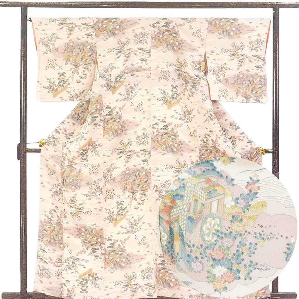 小紋 リサイクル着物 身丈163cm 裄66cm 前幅25cm 後幅30.5cm 袖丈49cm 袖幅33cm レディース 袷 御所車 裄長 裄M-Lサイズ 秋冬春用 正絹（シルク）ピンク 未使用品 リメイク リユース【ランクS】