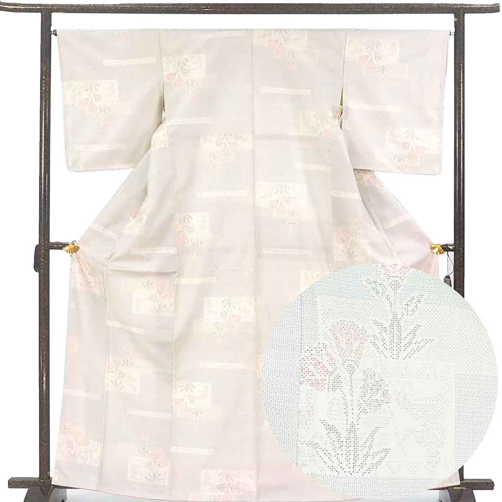 紬 リサイクル着物 身丈166cm 裄66cm 前幅24cm 後幅30cm 袖丈50.5cm 袖幅34cm レディース 袷 花柄 裄長 裄M-Lサイズ 秋冬春用 正絹（シルク）ホワイト トールサイズ やや難 リメイク リユース【ランクB】