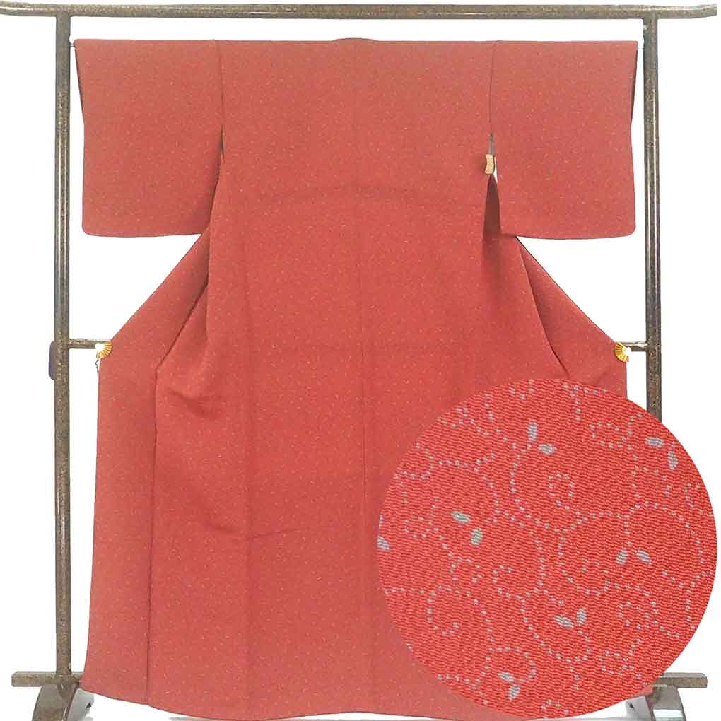 小紋 リサイクル着物 身丈167cm 裄66cm 前幅24cm 後幅31cm 袖丈49cm 袖幅33cm レディース 袷 花柄 裄長 裄M-Lサイズ 秋冬春用 正絹（シルク）レッド トールサイズ 美品 リメイク リユース【ランクA】