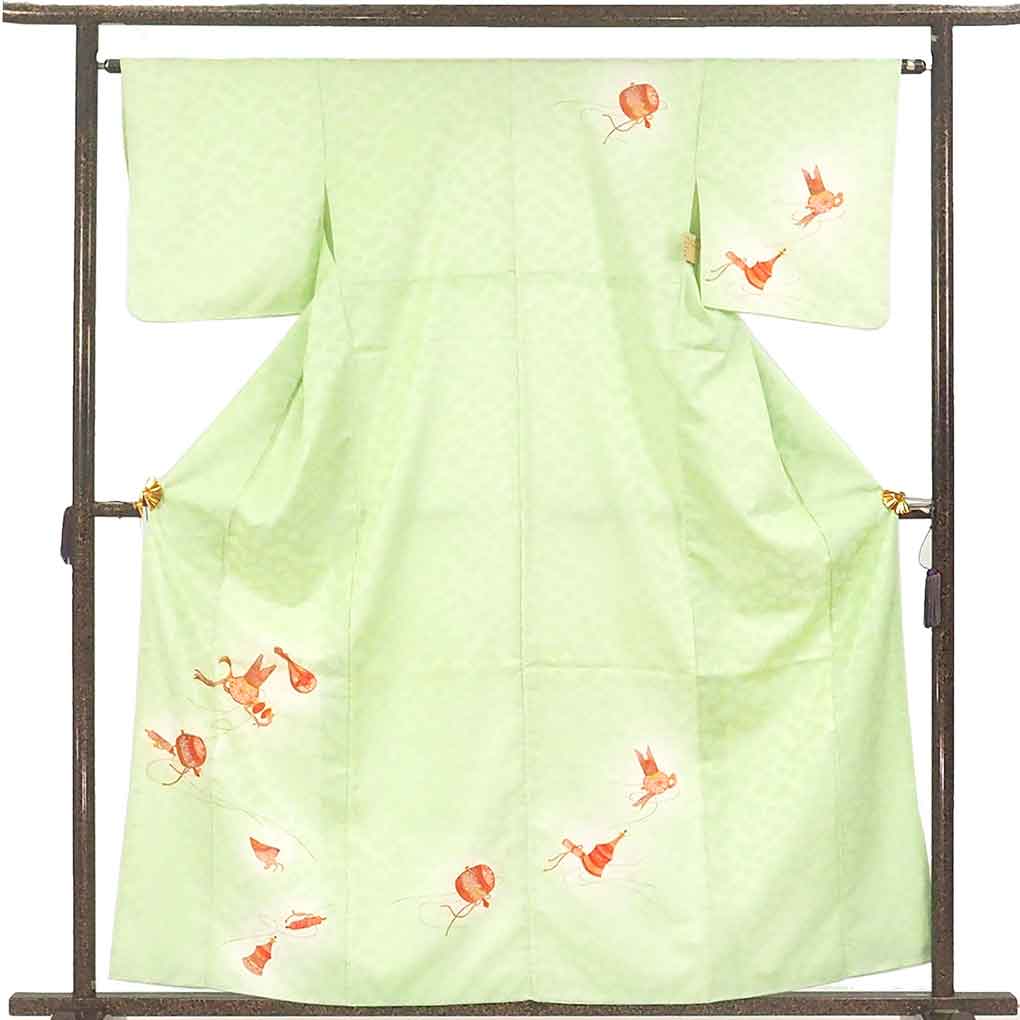 訪問着 リサイクル着物 身丈160cm 裄64cm 前幅23.5cm 後幅30cm 袖丈45cm 袖幅32cm レディース 袷 和楽器 裄Mサイズ 秋冬春用 正絹（シルク）グリーン やや難 リメイク リユース【ランクB】