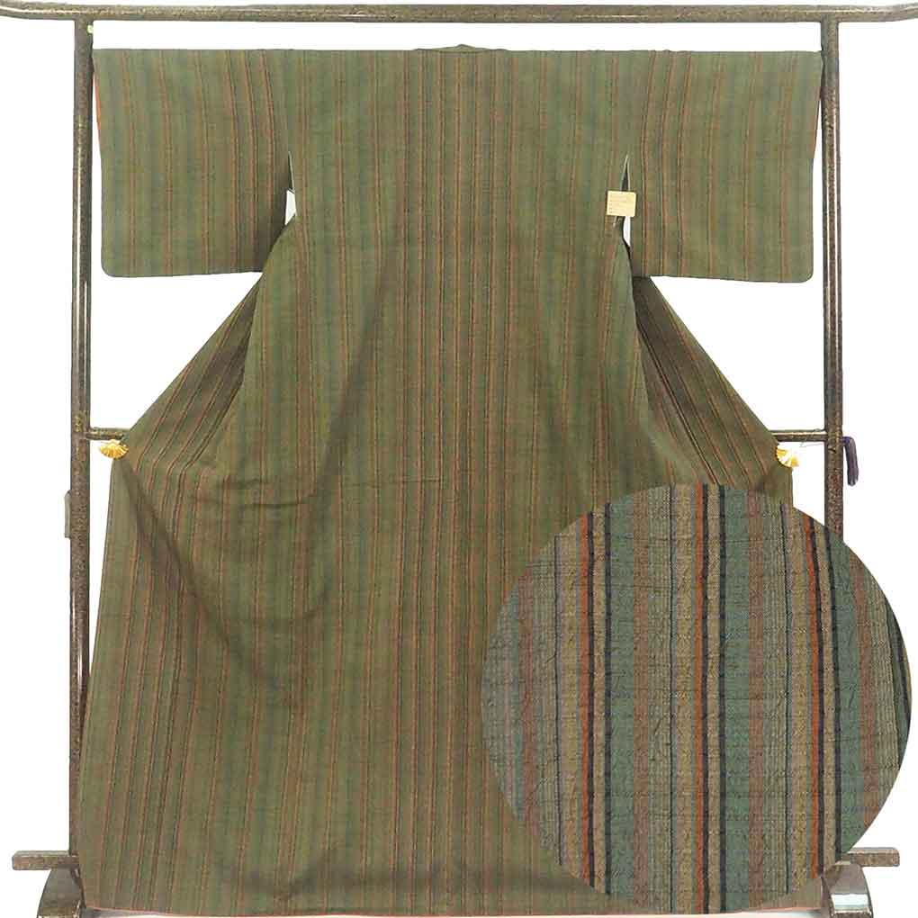 紬 リサイクル着物 身丈172cm 裄69cm 前幅25cm 後幅30.5cm 袖丈46cm 袖幅35cm レディース 袷 縞 裄長 裄L-LLサイズ 秋冬春用 正絹（シルク）ブラウン トールサイズ 美品 リメイク リユース【ランクA】