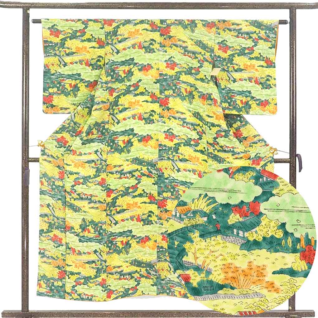 小紋 リサイクル着物 身丈154cm 裄63cm 前幅22.5cm 後幅28cm 袖丈52cm 袖幅32cm レディース 袷 風景画 裄Mサイズ 秋冬春用 正絹（シルク）グリーン 美品 リメイク リユース【ランクA】