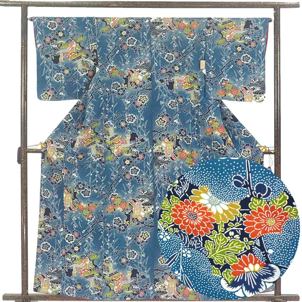 小紋 リサイクル着物 身丈162cm 裄65cm 前幅23cm 後幅29cm 袖丈49cm 袖幅33cm レディース 袷 梅柄 裄Mサイズ 秋冬春用 正絹（シルク）ネイビー 未使用品 リメイク リユース【ランクS】