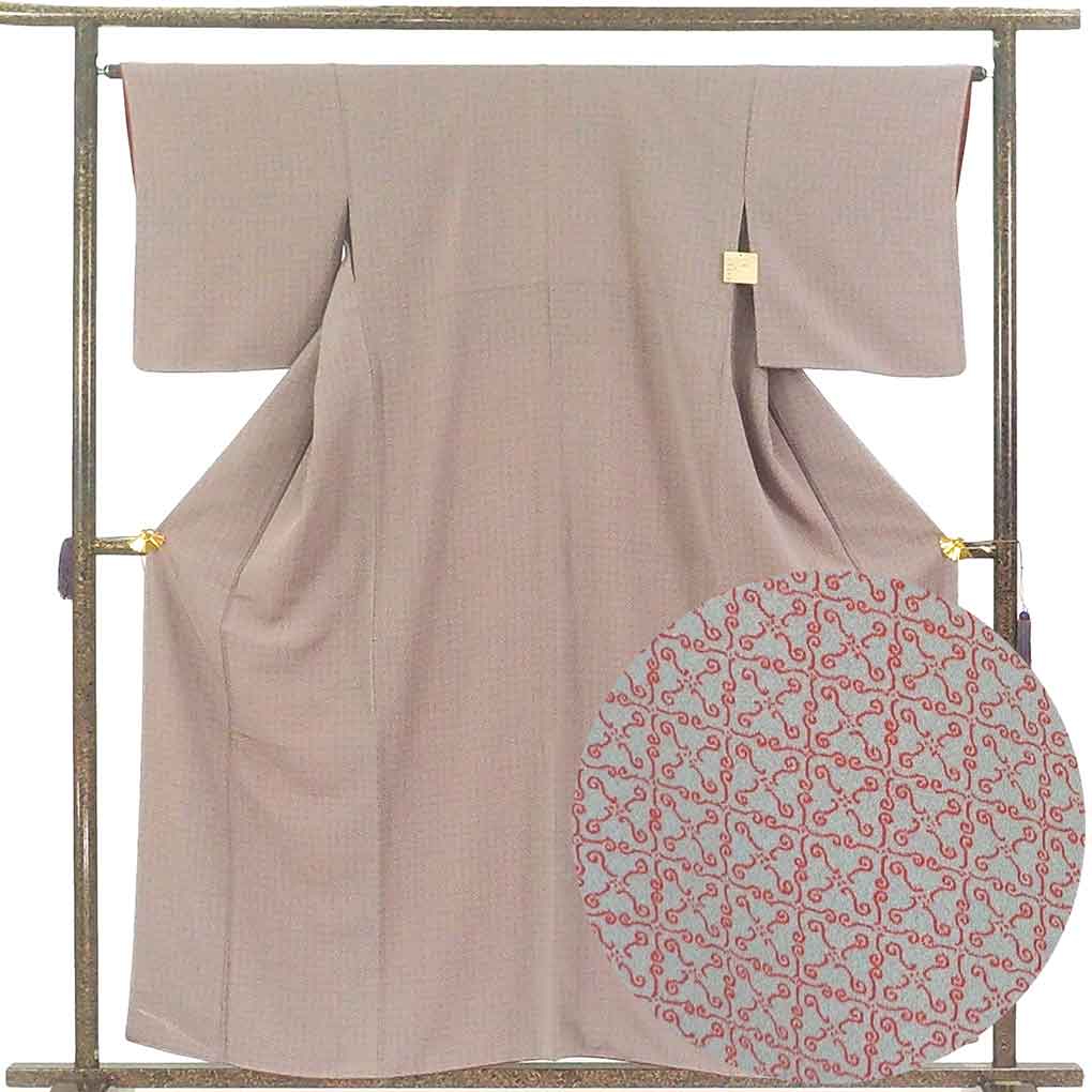 小紋 リサイクル着物 身丈159cm 裄64cm 前幅24.5cm 後幅30cm 袖丈49cm 袖幅32cm レディース 袷 抽象柄 裄Mサイズ 秋冬春用 正絹（シルク）グレー 未使用品 リメイク リユース【ランクS】