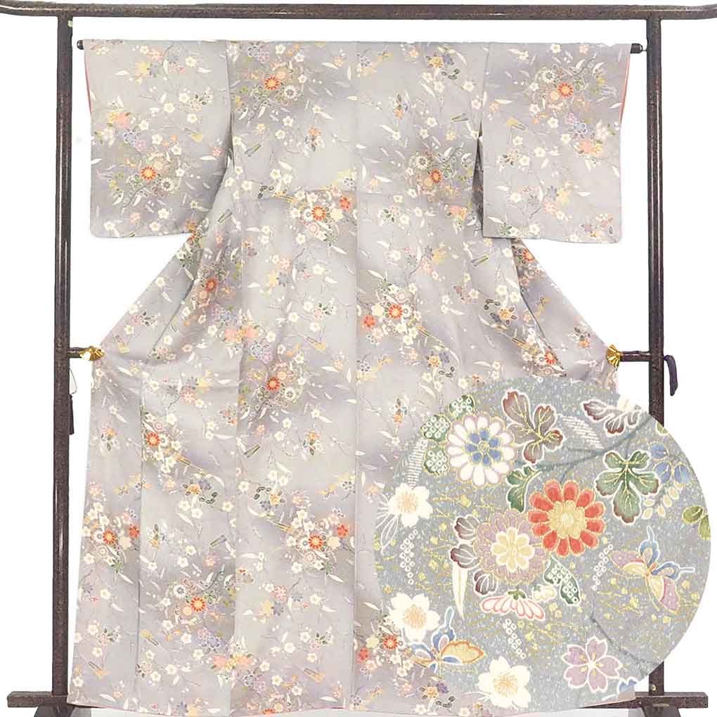 小紋 リサイクル着物 身丈163cm 裄65cm 前幅24cm 後幅30cm 袖丈49cm 袖幅33cm レディース 袷 花柄 裄Mサイズ 秋冬春用 正絹（シルク）グレー 美品 リメイク リユース【ランクA】