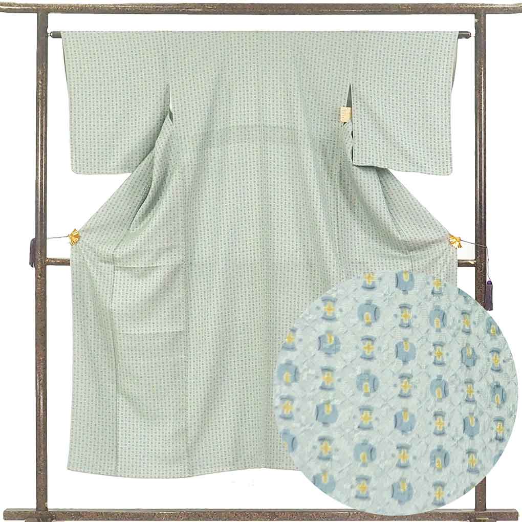 小紋 リサイクル着物 身丈148cm 裄63cm 前幅24cm 後幅30cm 袖丈49cm 袖幅32cm レディース 袷 打ち出の小槌 裄Mサイズ 秋冬春用 正絹（シルク）ブルー 未使用品 リメイク リユース【ランクS】