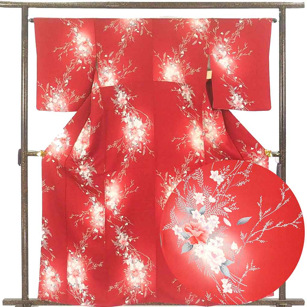 小紋 リサイクル着物 身丈161cm 裄65cm 前幅22cm 後幅28cm 袖丈52cm 袖幅32cm レディース 袷 花柄 裄Mサイズ 秋冬春用 正絹（シルク）レッド 美品 リメイク リユース【ランクA】