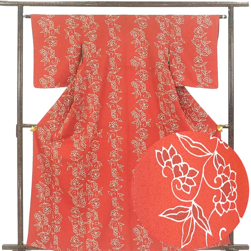 小紋 リサイクル着物 身丈164cm 裄62cm 前幅24cm 後幅29cm 袖丈51cm 袖幅32cm レディース 袷 花柄 裄Sサイズ 秋冬春用 正絹（シルク）レッド トールサイズ 未使用品 リメイク リユース【ランクS】