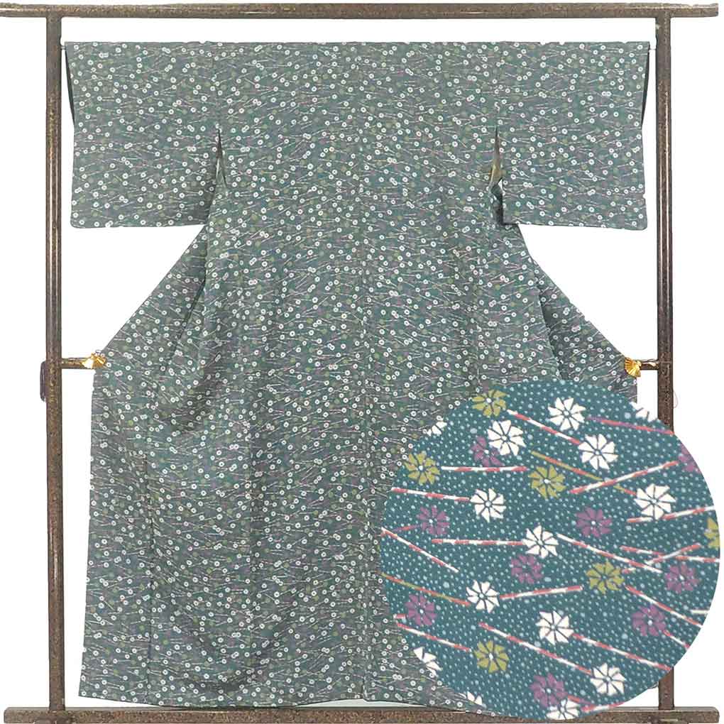 小紋 リサイクル着物 身丈158cm 裄67cm 前幅25cm 後幅30cm 袖丈45cm 袖幅33cm レディース 袷 花柄 裄長 裄Lサイズ 秋冬春用 正絹（シルク）グリーン 美品 リメイク リユース【ランクA】