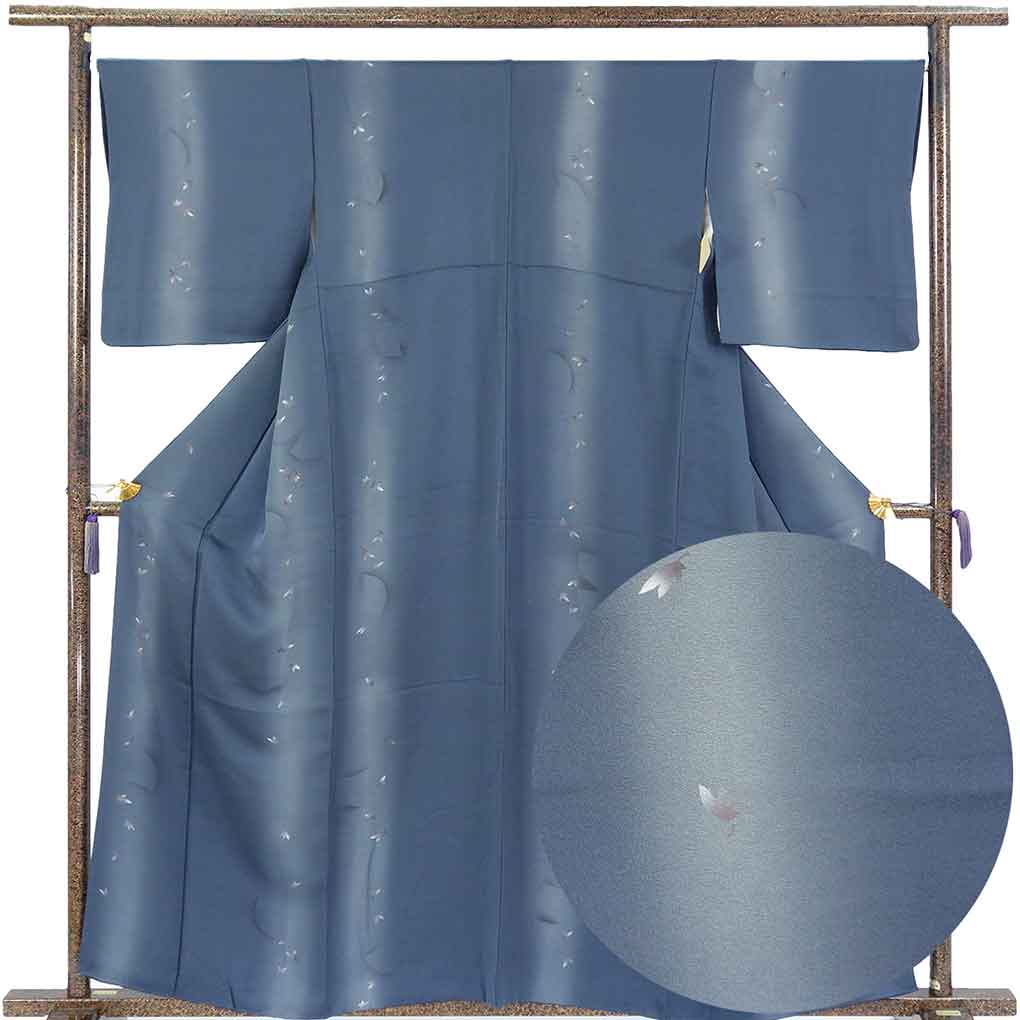 小紋 リサイクル着物 身丈160cm 裄67cm 前幅25cm 後幅31cm 袖丈49cm 袖幅33cm レディース 袷 花柄 裄長 裄Lサイズ 秋冬春用 正絹（シルク）ネイビー 美品 リメイク リユース【ランクA】