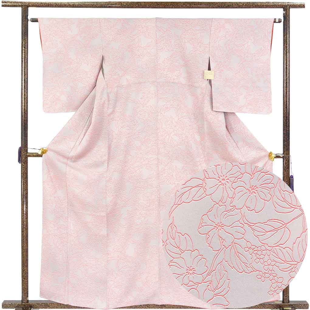 小紋 リサイクル着物 身丈160cm 裄62cm 前幅22.5cm 後幅28cm 袖丈53cm 袖幅32cm レディース 袷 花柄 裄Sサイズ 秋冬春用 正絹（シルク）グレー 未使用品 リメイク リユース【ランクS】