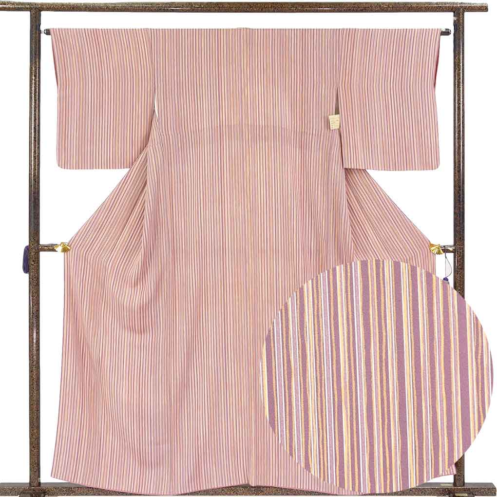 小紋 リサイクル着物 身丈158cm 裄64cm 前幅25cm 後幅29cm 袖丈49cm 袖幅32cm レディース 袷 縦縞 裄Mサイズ 秋冬春用 正絹（シルク）パープル 美品 リメイク リユース【ランクA】