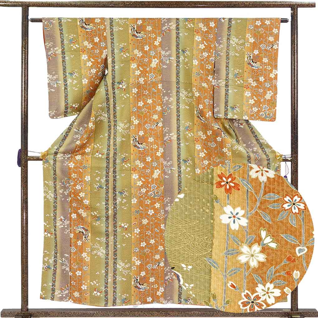 小紋 リサイクル着物 身丈157cm 裄61cm 前幅22cm 後幅28cm 袖丈56cm 袖幅32cm レディース 袷 花柄 裄Sサイズ 秋冬春用 正絹（シルク）ブラウン 未使用品 リメイク リユース【ランクS】