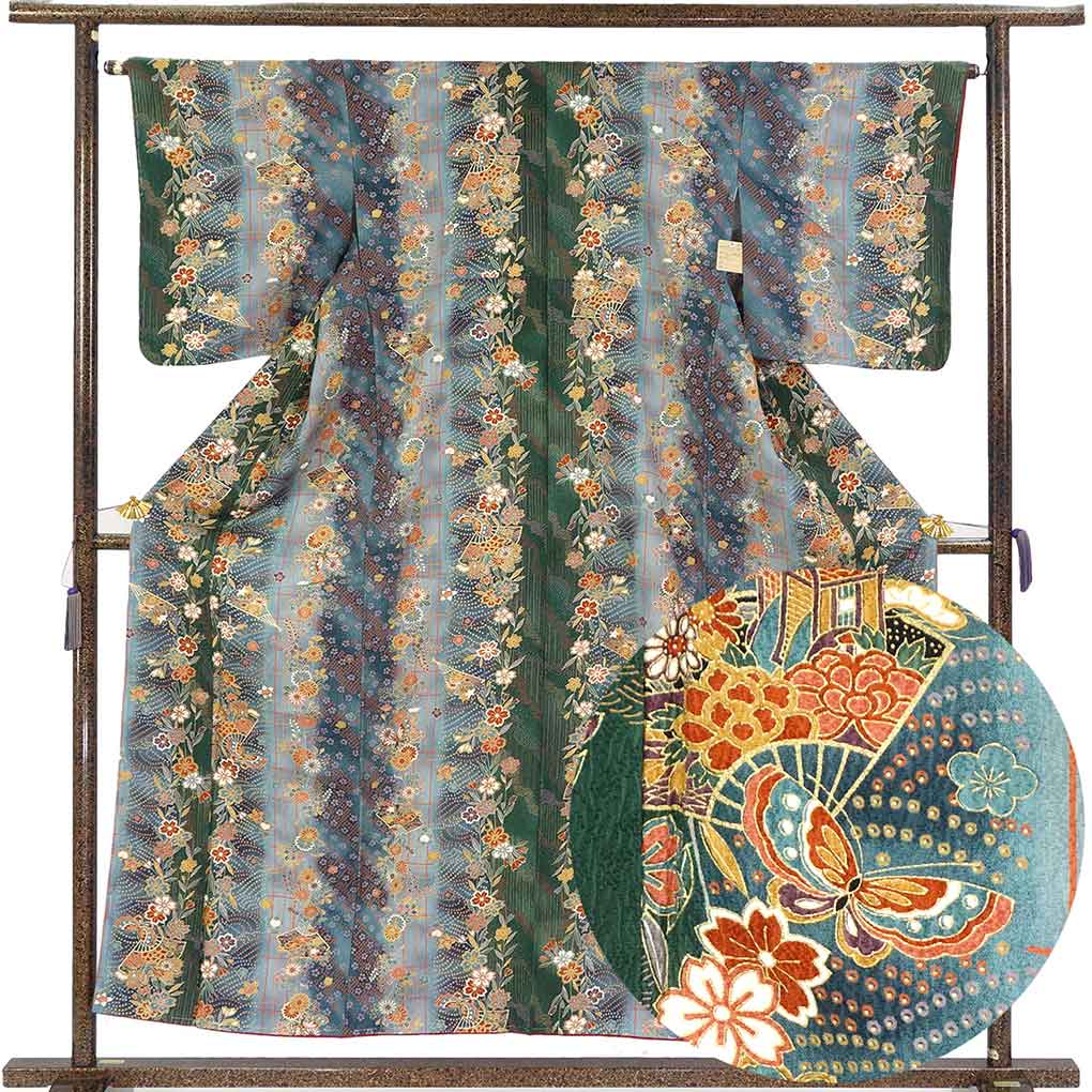 小紋 リサイクル着物 身丈155cm 裄64cm 前幅23cm 後幅29cm 袖丈49cm 袖幅33cm レディース 袷 花柄 裄Mサイズ 秋冬春用 正絹（シルク）グリーン 未使用品 リメイク リユース【ランクS】