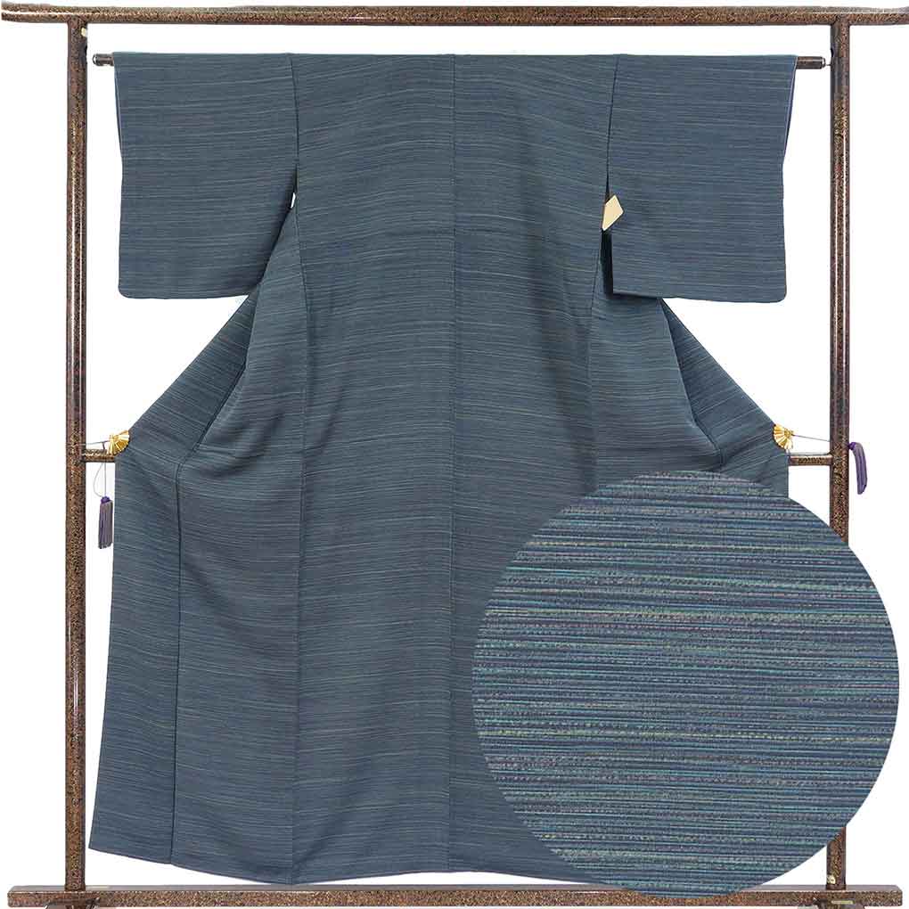 小紋 リサイクル着物 身丈157cm 裄62cm 前幅23cm 後幅29cm 袖丈47cm 袖幅32cm レディース 袷 横縞 裄Sサイズ 秋冬春用 正絹（シルク）ネイビー 美品 リメイク リユース【ランクA】
