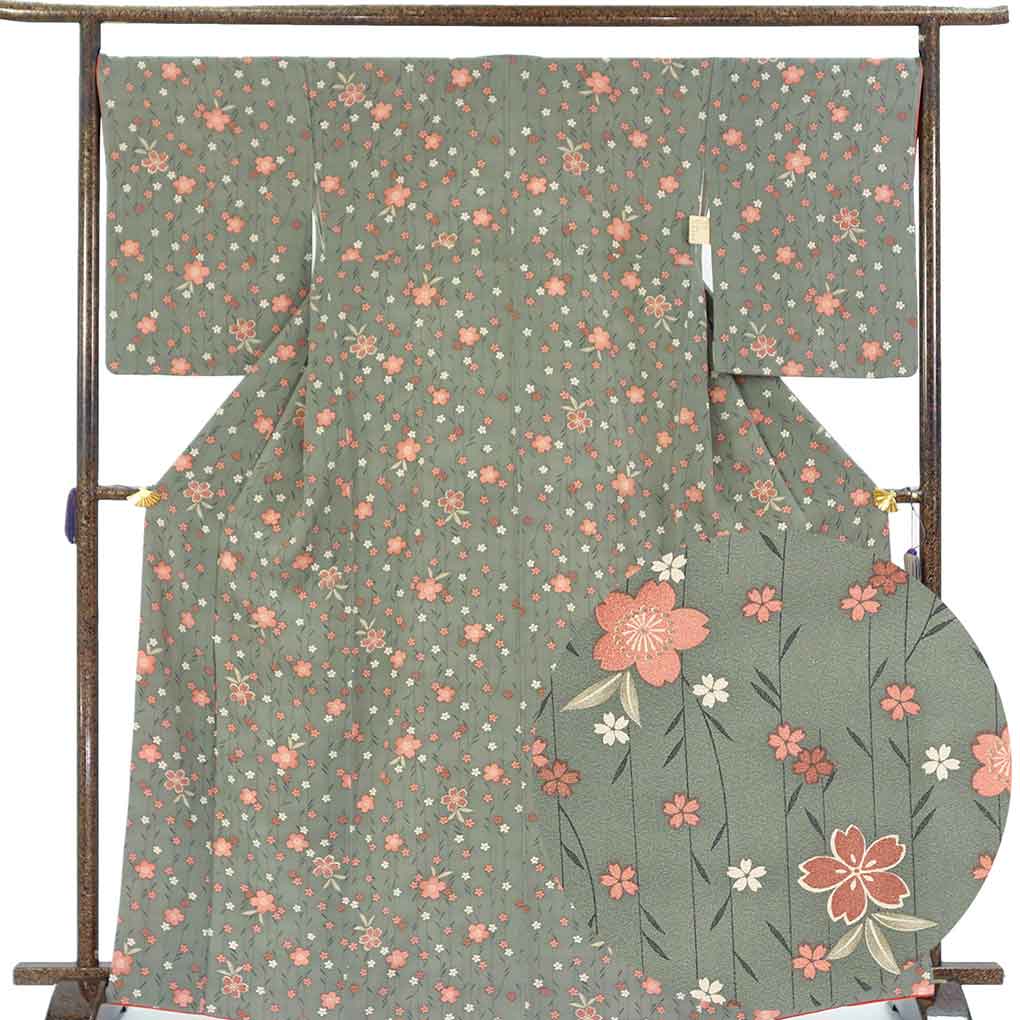 小紋 リサイクル着物 身丈168cm 裄69cm 前幅25cm 後幅30cm 袖丈55cm 袖幅34.5cm レディース 袷 桜 裄長 裄L-LLサイズ 秋冬春用 正絹（シルク）グリーン トールサイズ 美品 リメイク リユース【ランクA】