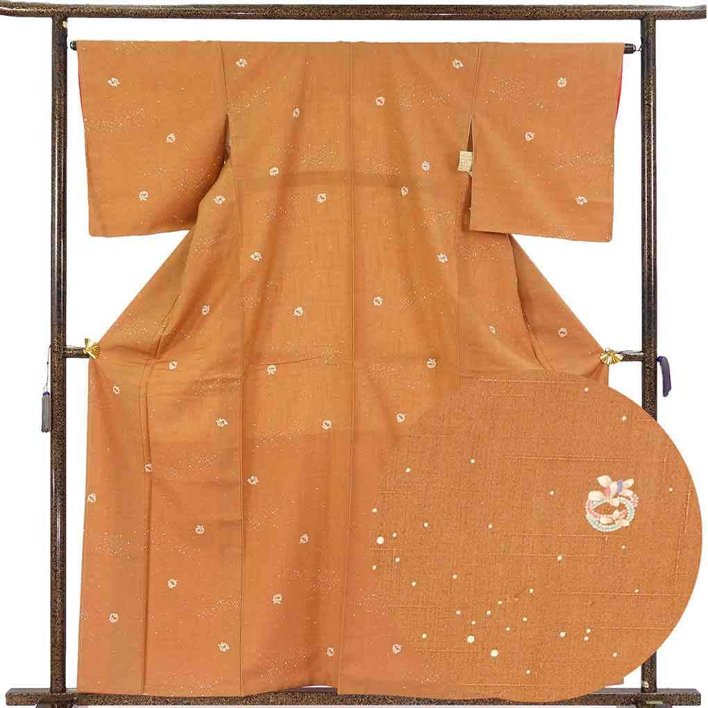 紬 リサイクル着物 身丈160cm 裄66cm 前幅24cm 後幅30cm 袖丈49cm 袖幅34cm レディース 袷 花柄 裄長 裄M-Lサイズ 秋冬春用 正絹（シルク）ブラウン 未使用品 リメイク リユース【ランクS】
