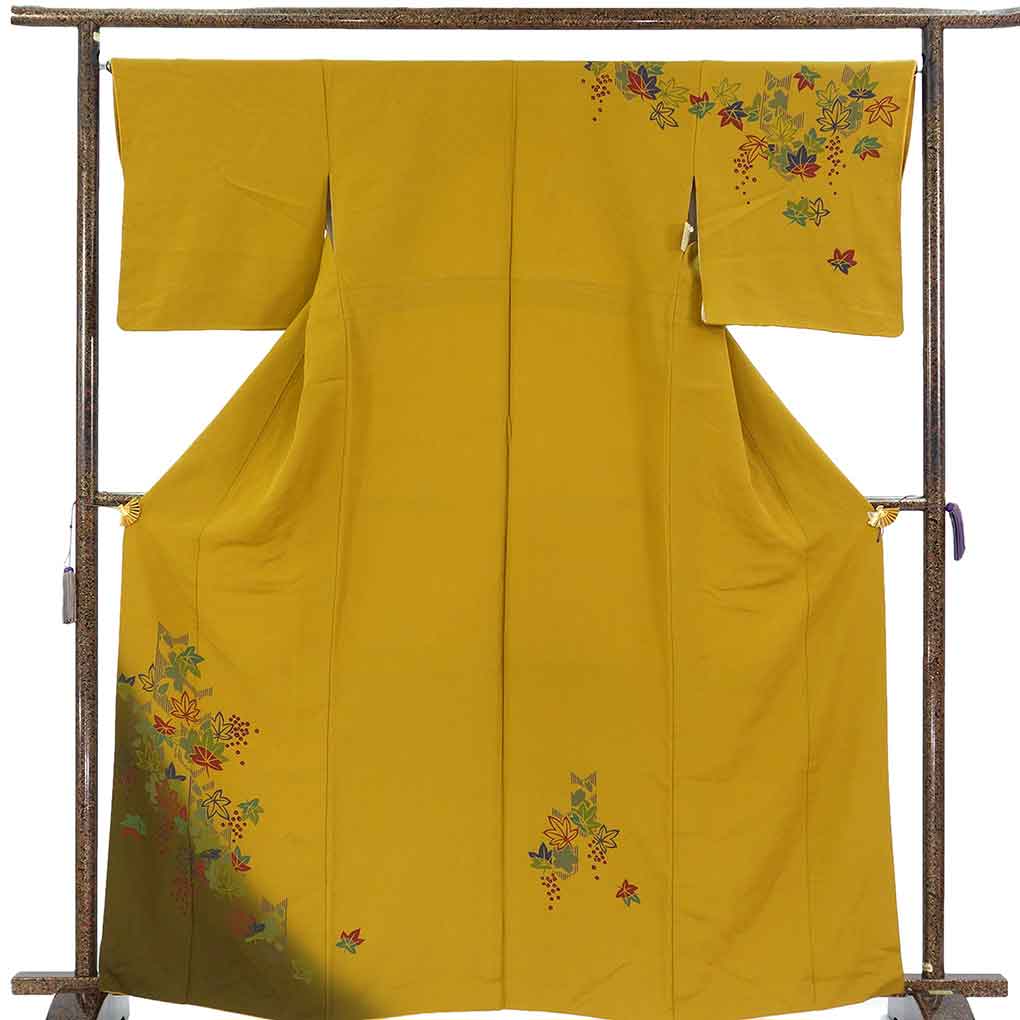 訪問着 リサイクル着物 身丈165cm 裄66cm 前幅23.5cm 後幅29cm 袖丈48cm 袖幅34cm レディース 袷 紅葉 裄長 裄M-Lサイズ 秋冬春用 正絹（シルク）イエロー トールサイズ やや難 リメイク リユース【ランクB】