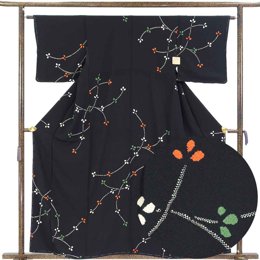 小紋 リサイクル着物 身丈159cm 裄63cm 前幅25cm 後幅28.5cm 袖丈45cm 袖幅32cm レディース 袷 絞り 裄Mサイズ 秋冬春用 正絹（シルク）ブラック 未使用品 リメイク リユース【ランクS】