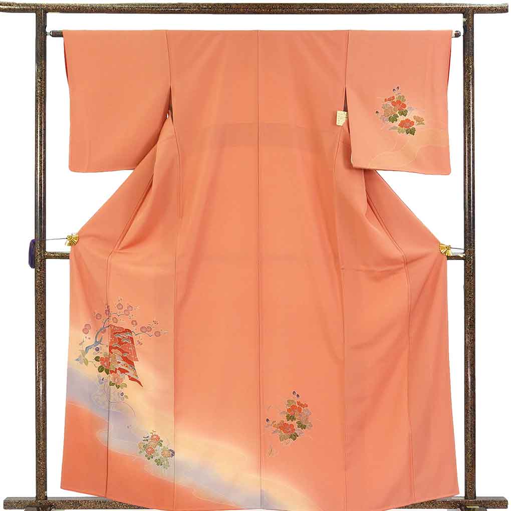 訪問着 リサイクル着物 身丈164cm 裄63cm 前幅23cm 後幅28.5cm 袖丈49cm 袖幅33cm レディース 袷 花柄 裄Mサイズ 秋冬春用 正絹（シルク）ピンク トールサイズ 美品 リメイク リユース【ランクA】